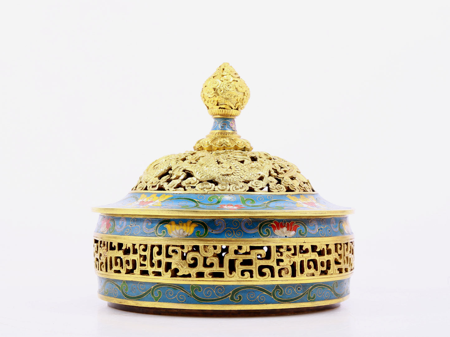 A cloisonné incense burner with two ears and three legs with lotus pattern