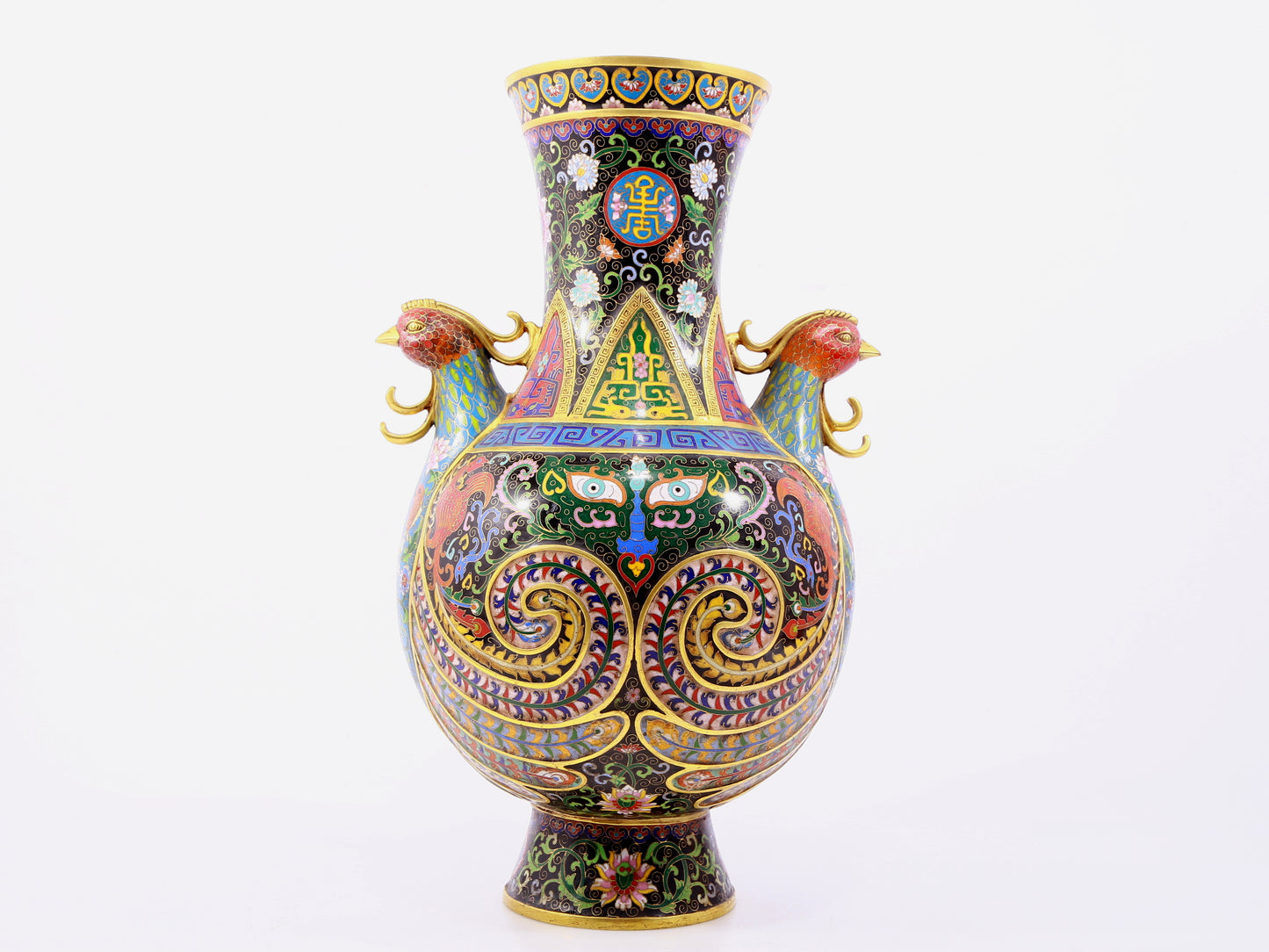 A pair of cloisonne flower-patterned phoenix-ear vases