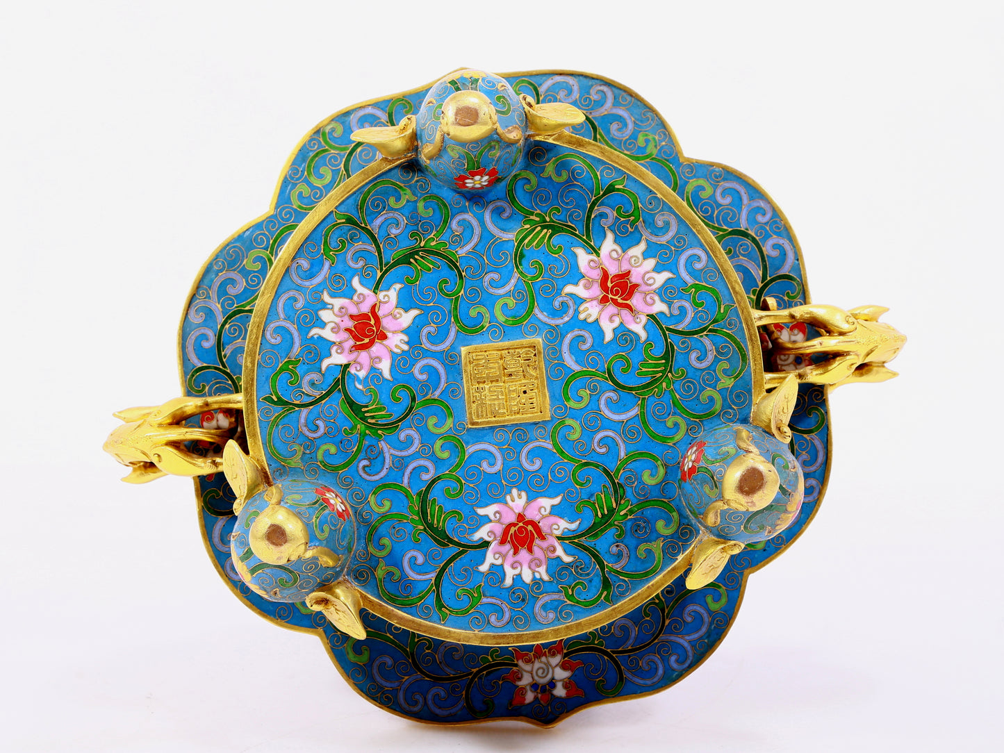 A cloisonné incense burner with two ears and three legs with lotus pattern