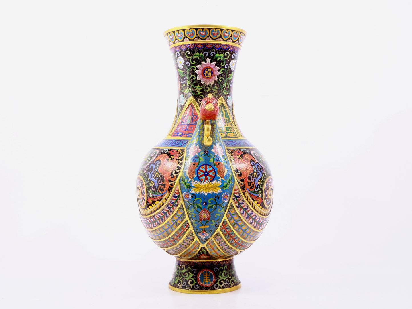 A pair of cloisonne flower-patterned phoenix-ear vases