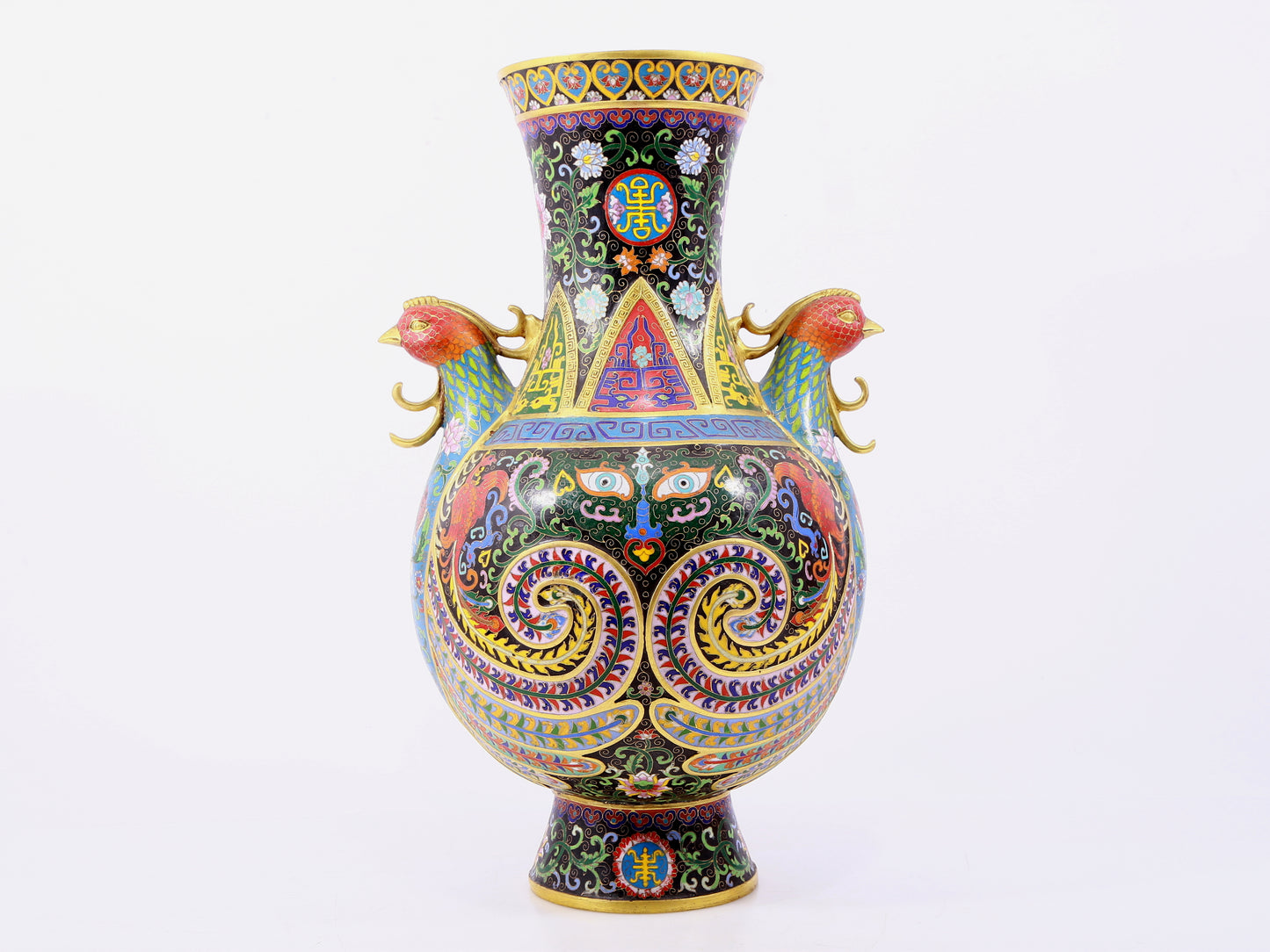 A pair of cloisonne flower-patterned phoenix-ear vases