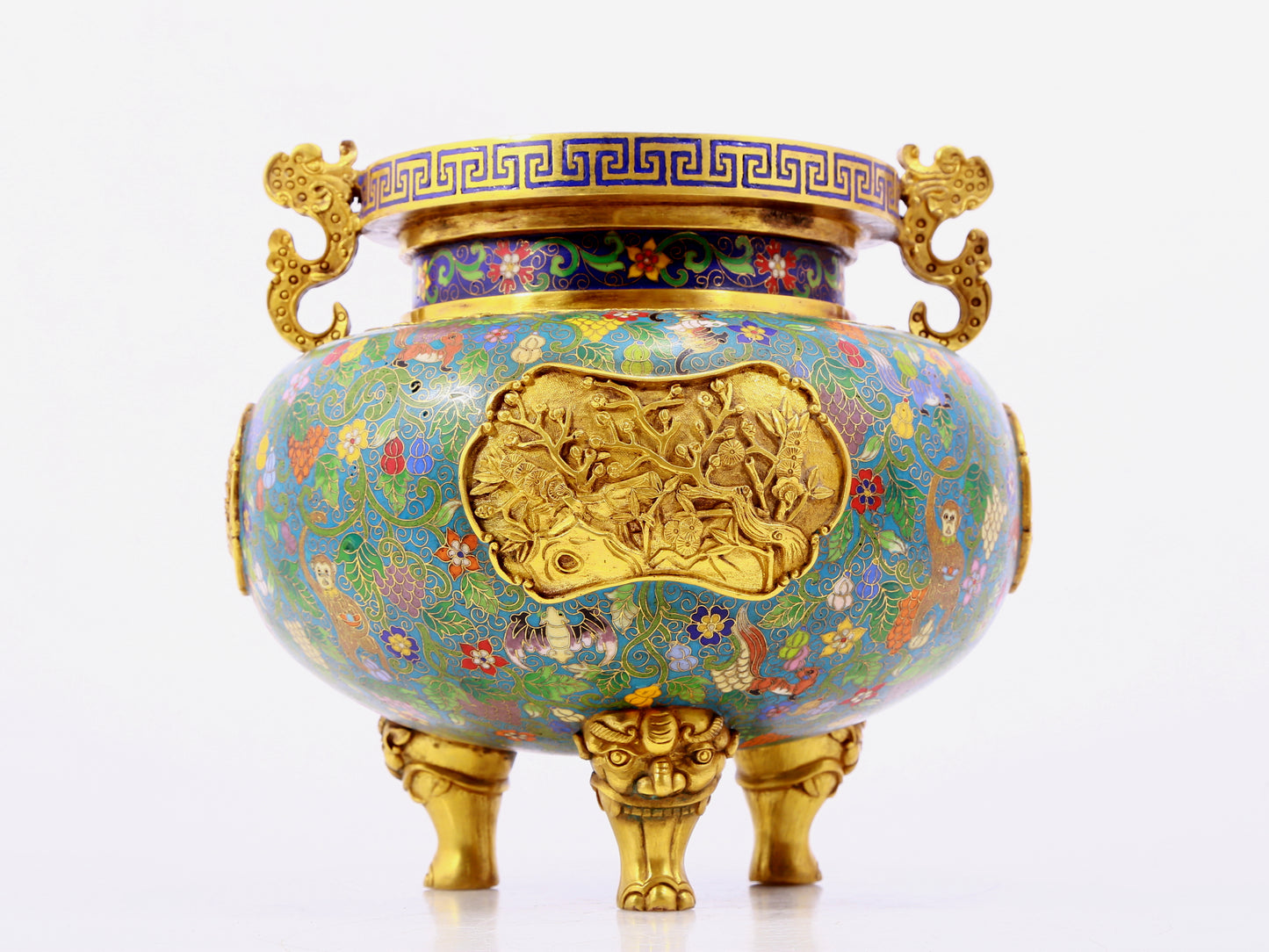 A cloisonne squirrel grape pattern two-eared three-legged incense burner