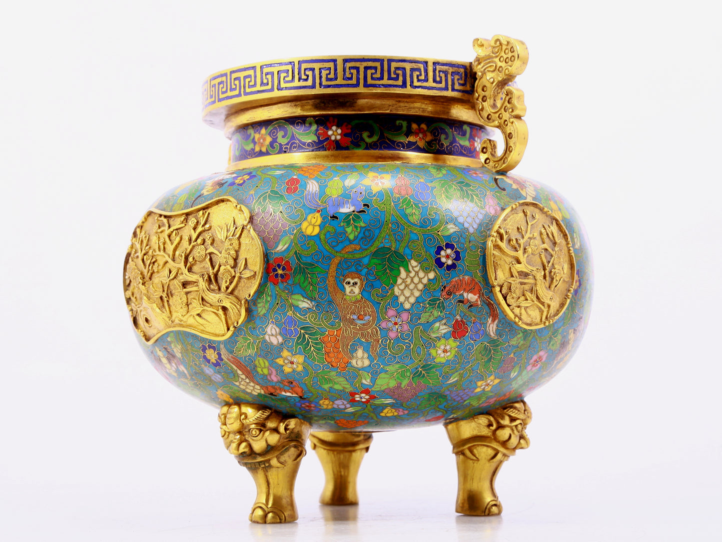 A cloisonne squirrel grape pattern two-eared three-legged incense burner