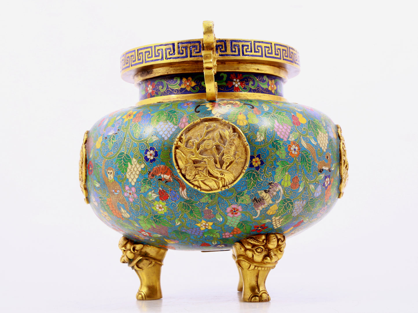 A cloisonne squirrel grape pattern two-eared three-legged incense burner