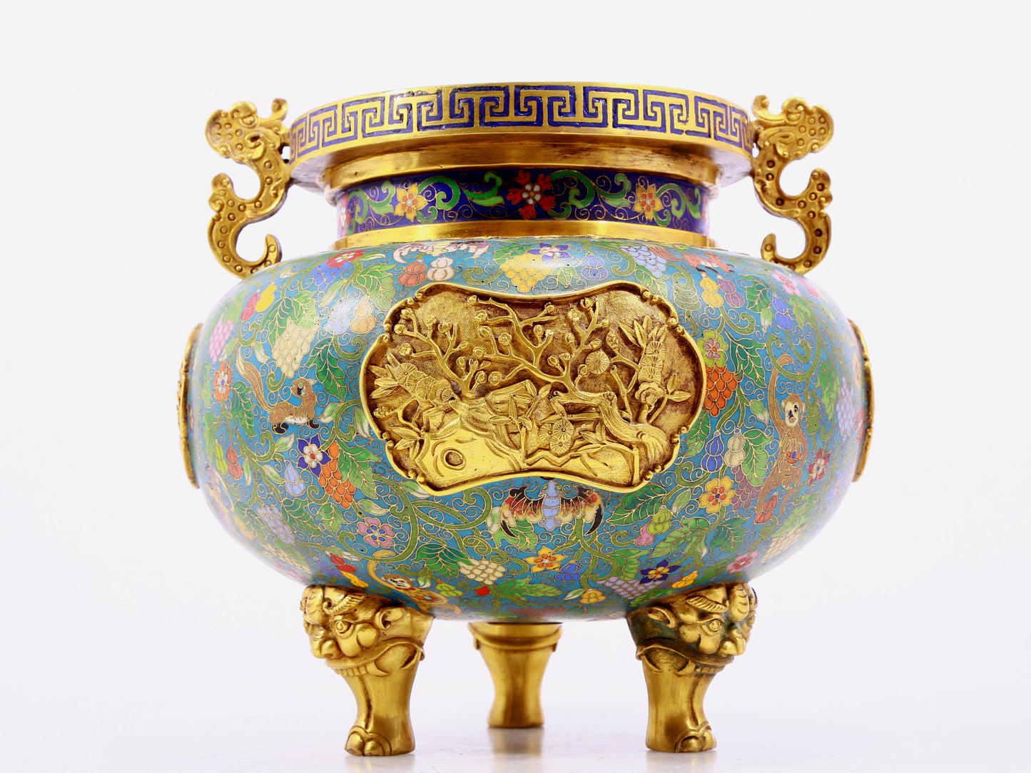 A cloisonne squirrel grape pattern two-eared three-legged incense burner