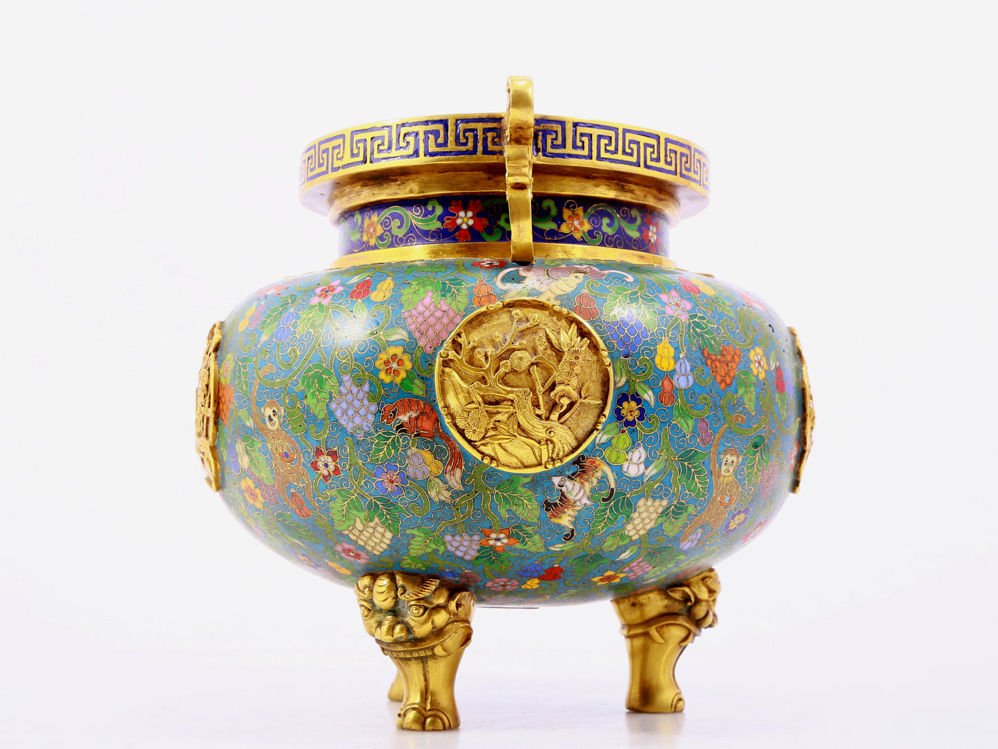 A cloisonne squirrel grape pattern two-eared three-legged incense burner