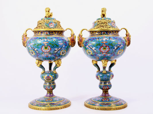 A pair of cloisonne lotus pattern bat ear incense burners