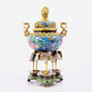 A cloisonné flower and bird pattern two-eared three-legged incense burner with lid