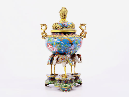 A cloisonné flower and bird pattern two-eared three-legged incense burner with lid