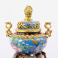 A cloisonné flower and bird pattern two-eared three-legged incense burner with lid