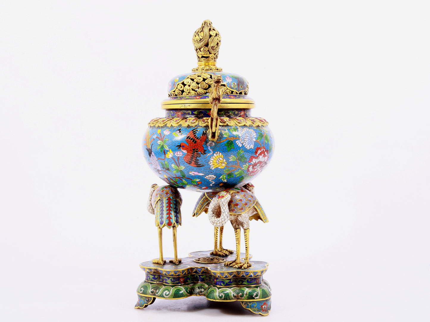 A cloisonné flower and bird pattern two-eared three-legged incense burner with lid