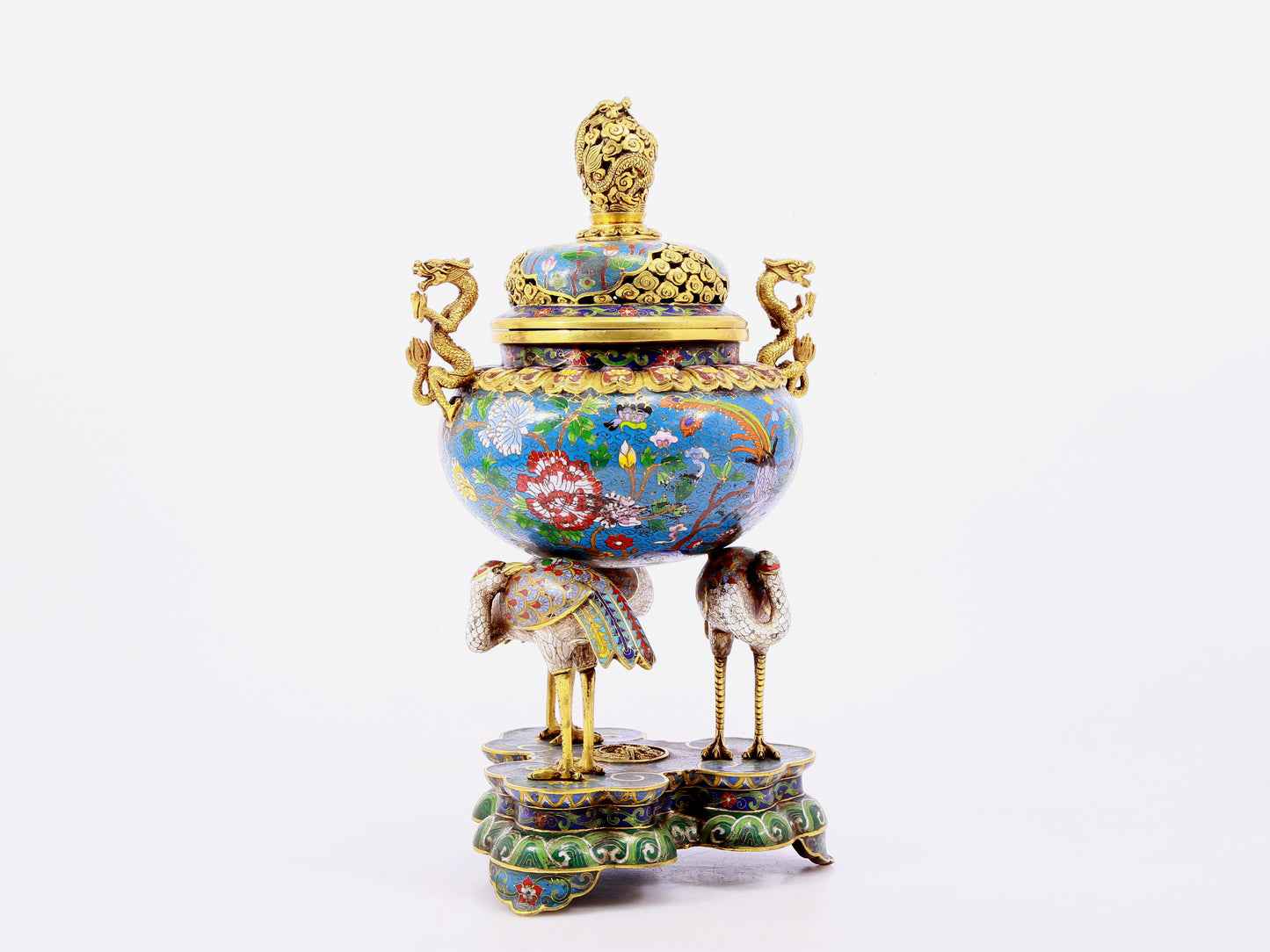 A cloisonné flower and bird pattern two-eared three-legged incense burner with lid