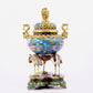 A cloisonné flower and bird pattern two-eared three-legged incense burner with lid