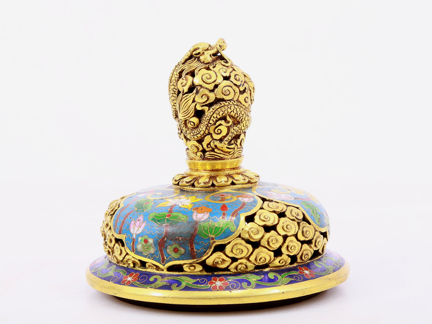 A cloisonné flower and bird pattern two-eared three-legged incense burner with lid