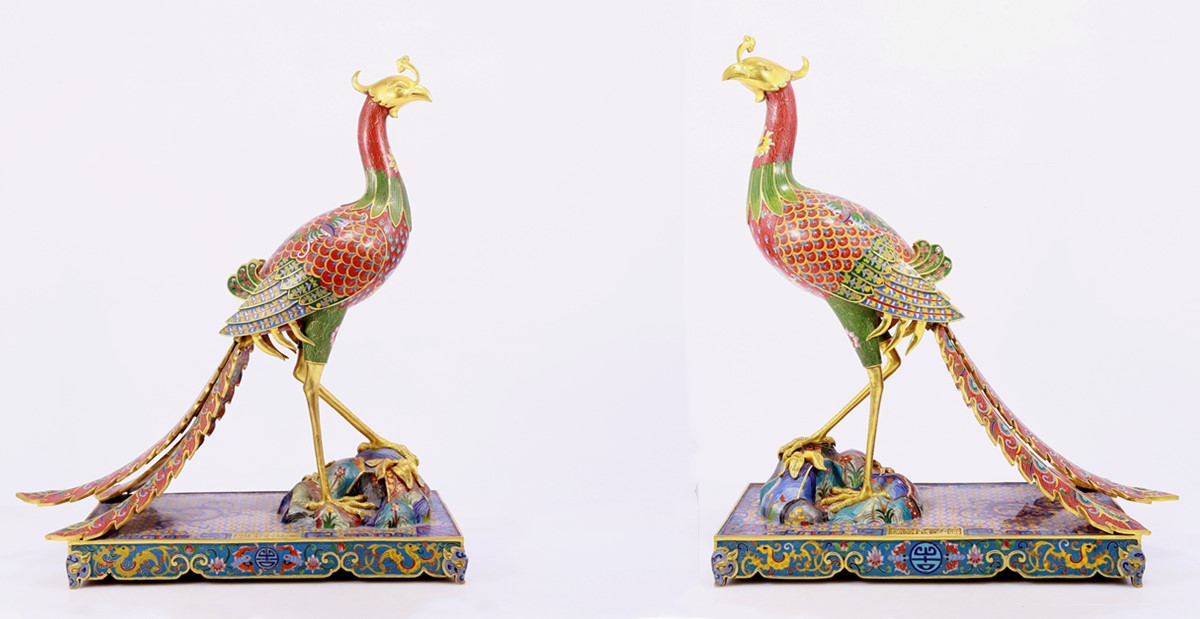 A pair of cloisonné phoenix ornaments