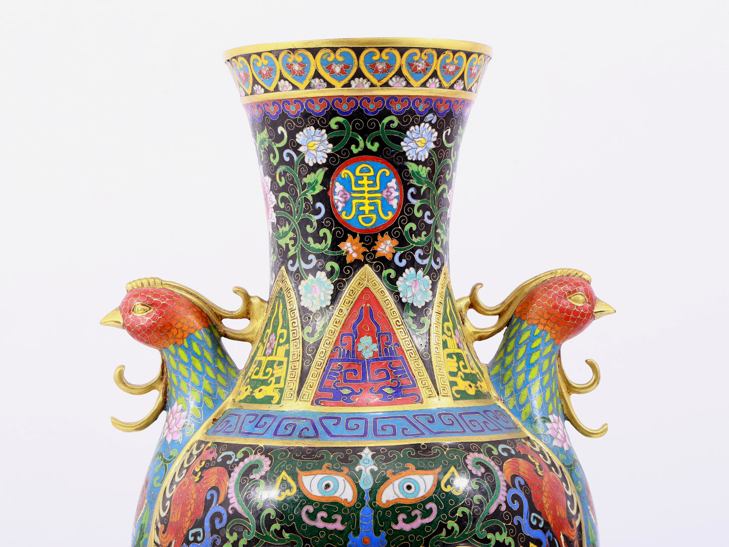 A pair of cloisonne flower-patterned phoenix-ear vases