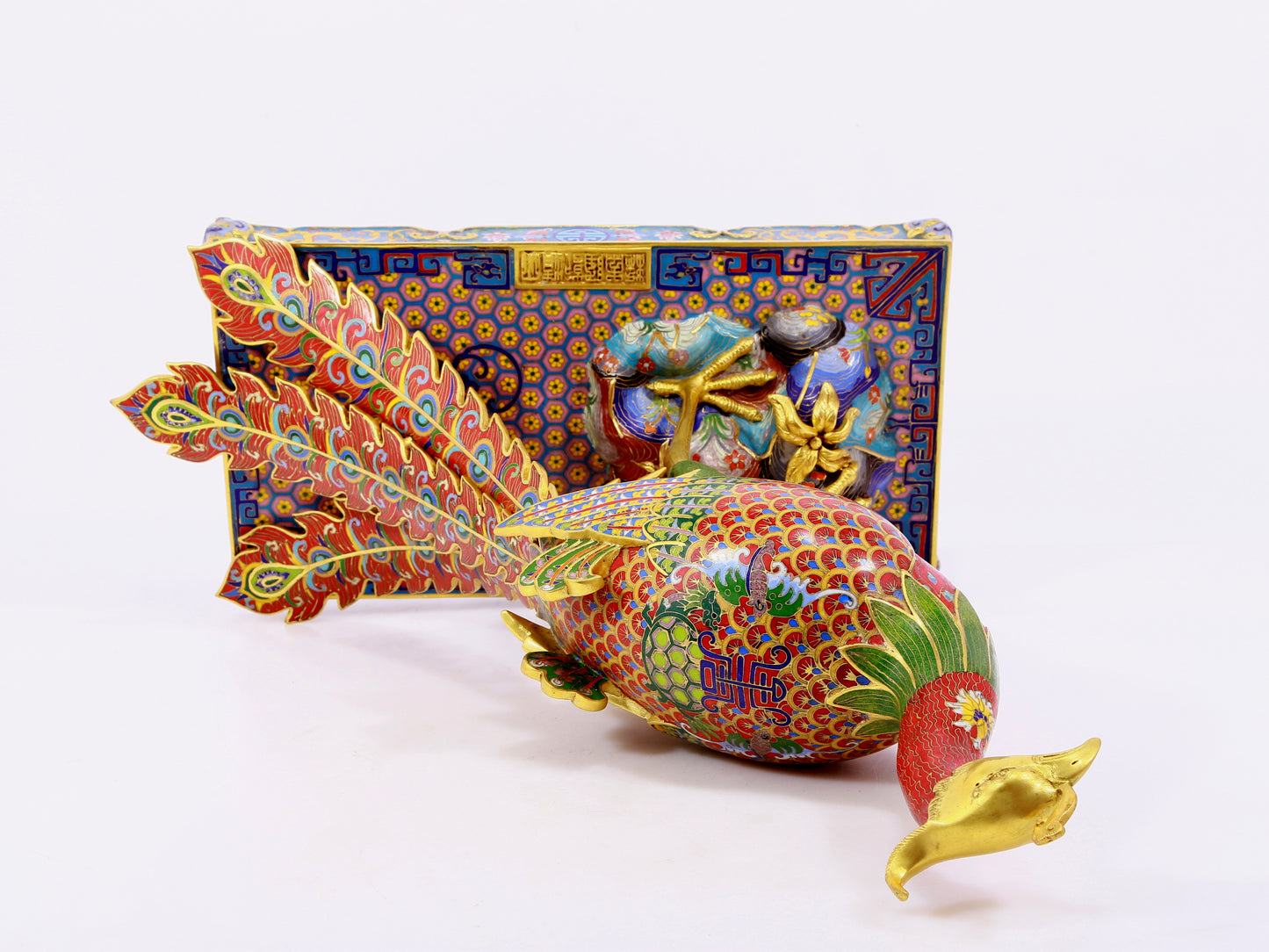 A pair of cloisonné phoenix ornaments