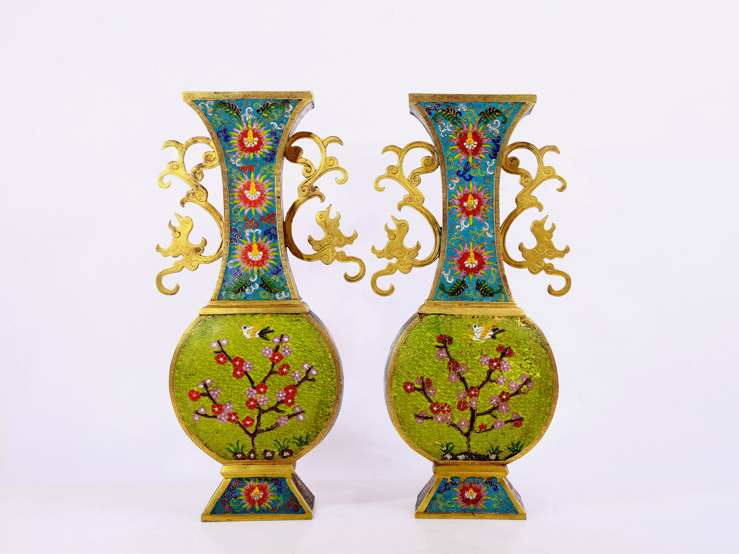 A pair of cloisonné flower and bird pattern amphora