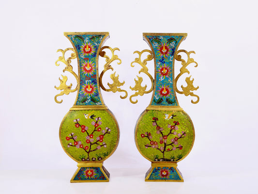 A pair of cloisonné flower and bird pattern amphora