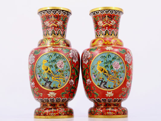 A pair of cloisonné and phoenix pattern vases