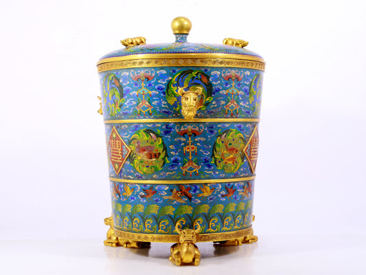 A cloisonné auspicious cloud and auspicious animal pattern three-legged jar with lid