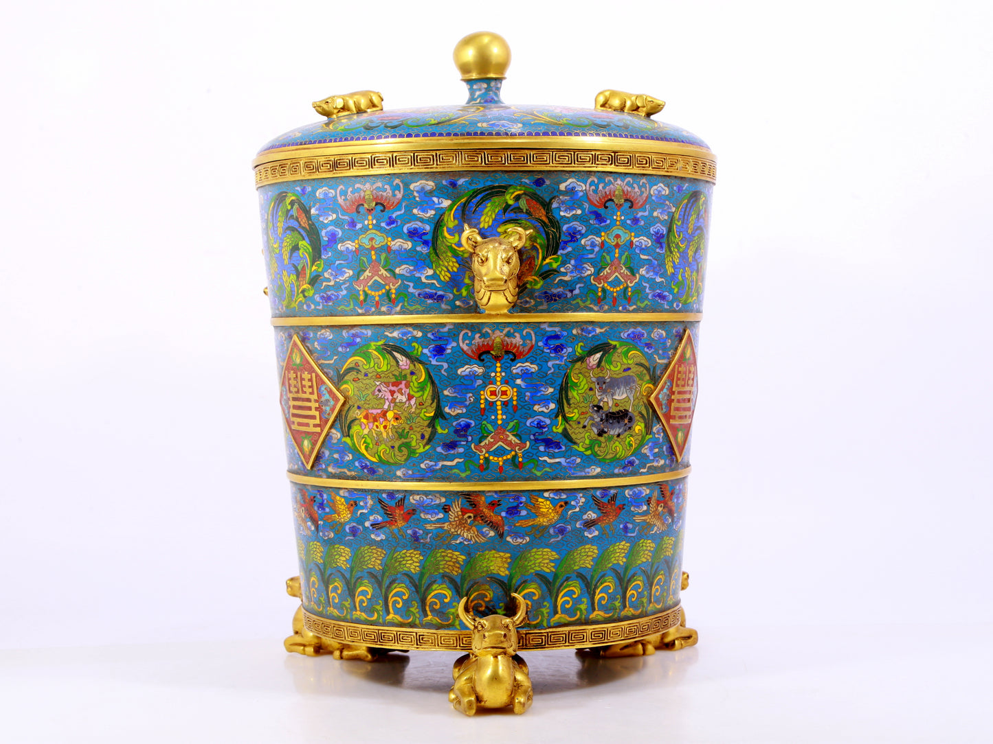 A cloisonné auspicious cloud and auspicious animal pattern three-legged jar with lid