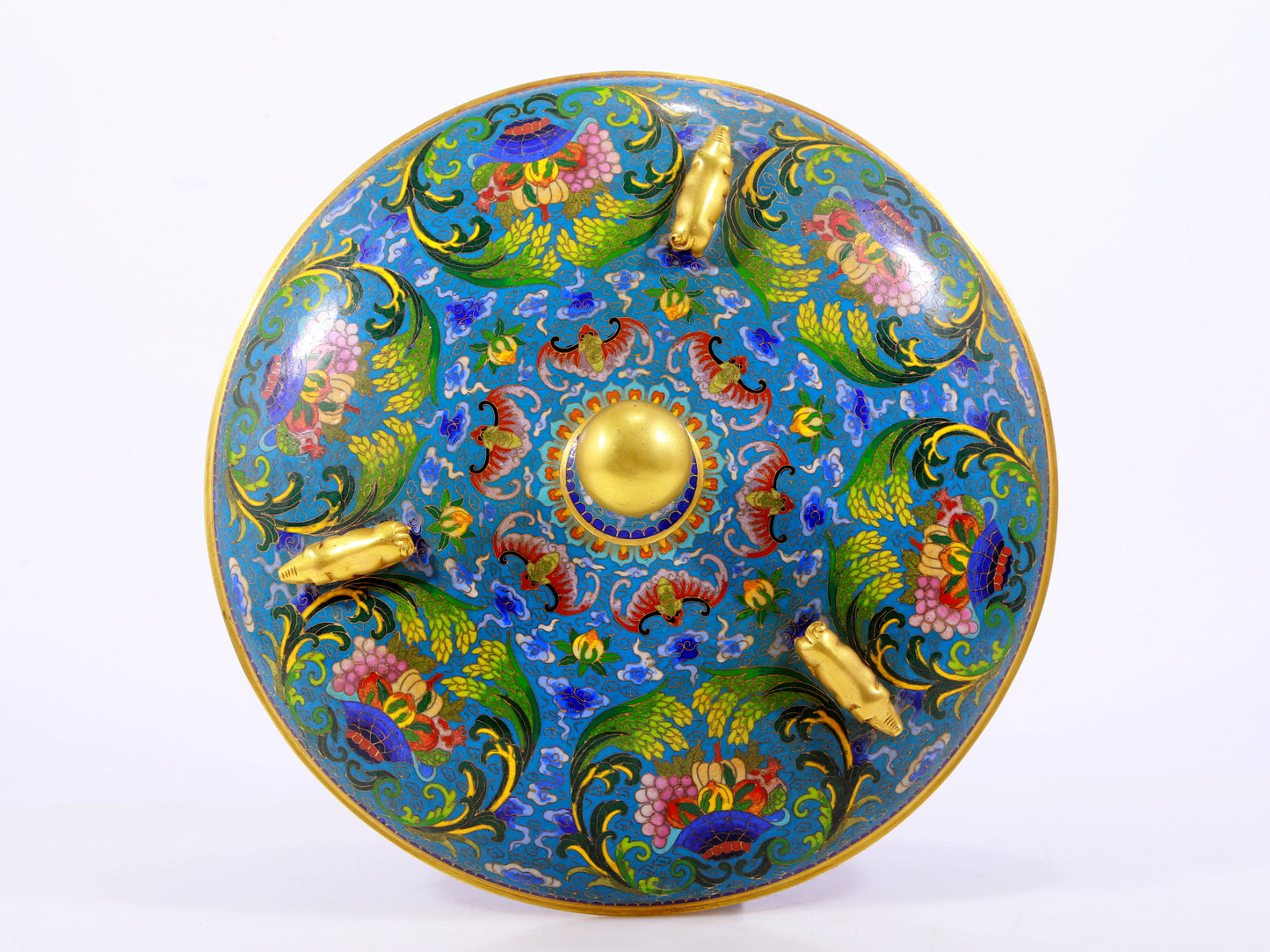 A cloisonné auspicious cloud and auspicious animal pattern three-legged jar with lid