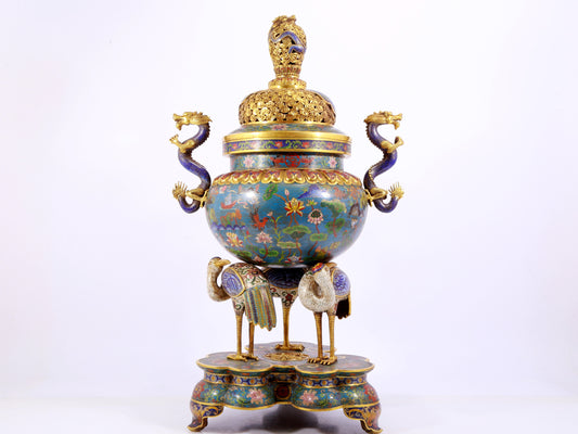 A cloisonné lotus pattern two-eared three-legged incense burner with lid