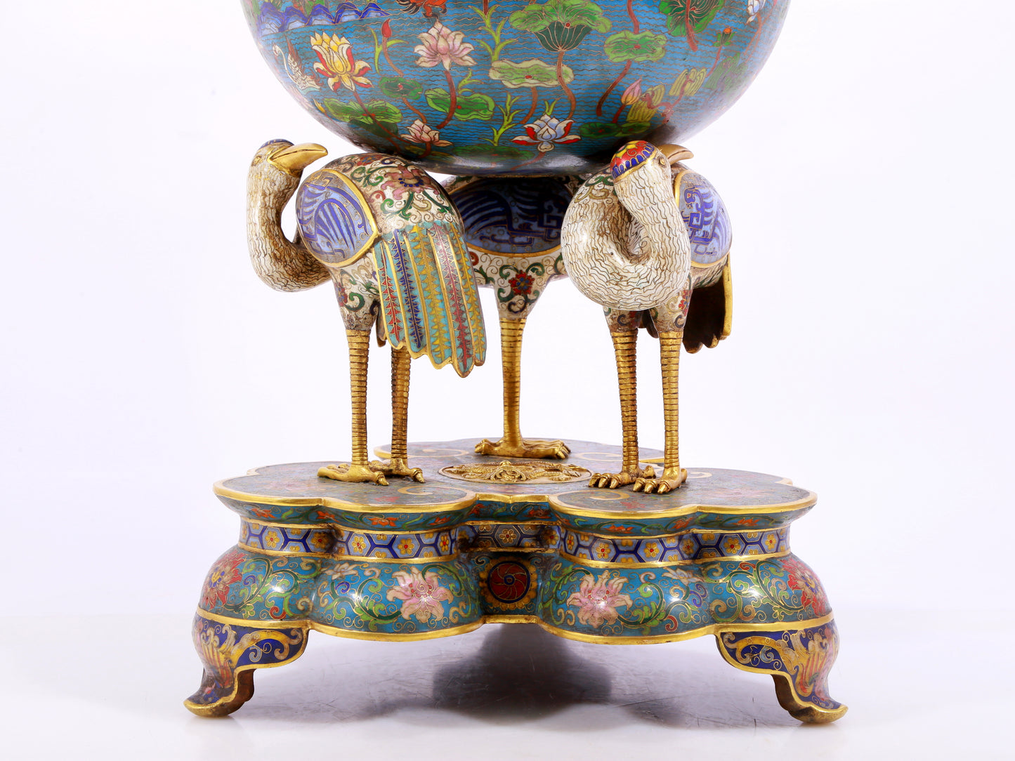 A cloisonné lotus pattern two-eared three-legged incense burner with lid