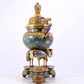 A cloisonné lotus pattern two-eared three-legged incense burner with lid