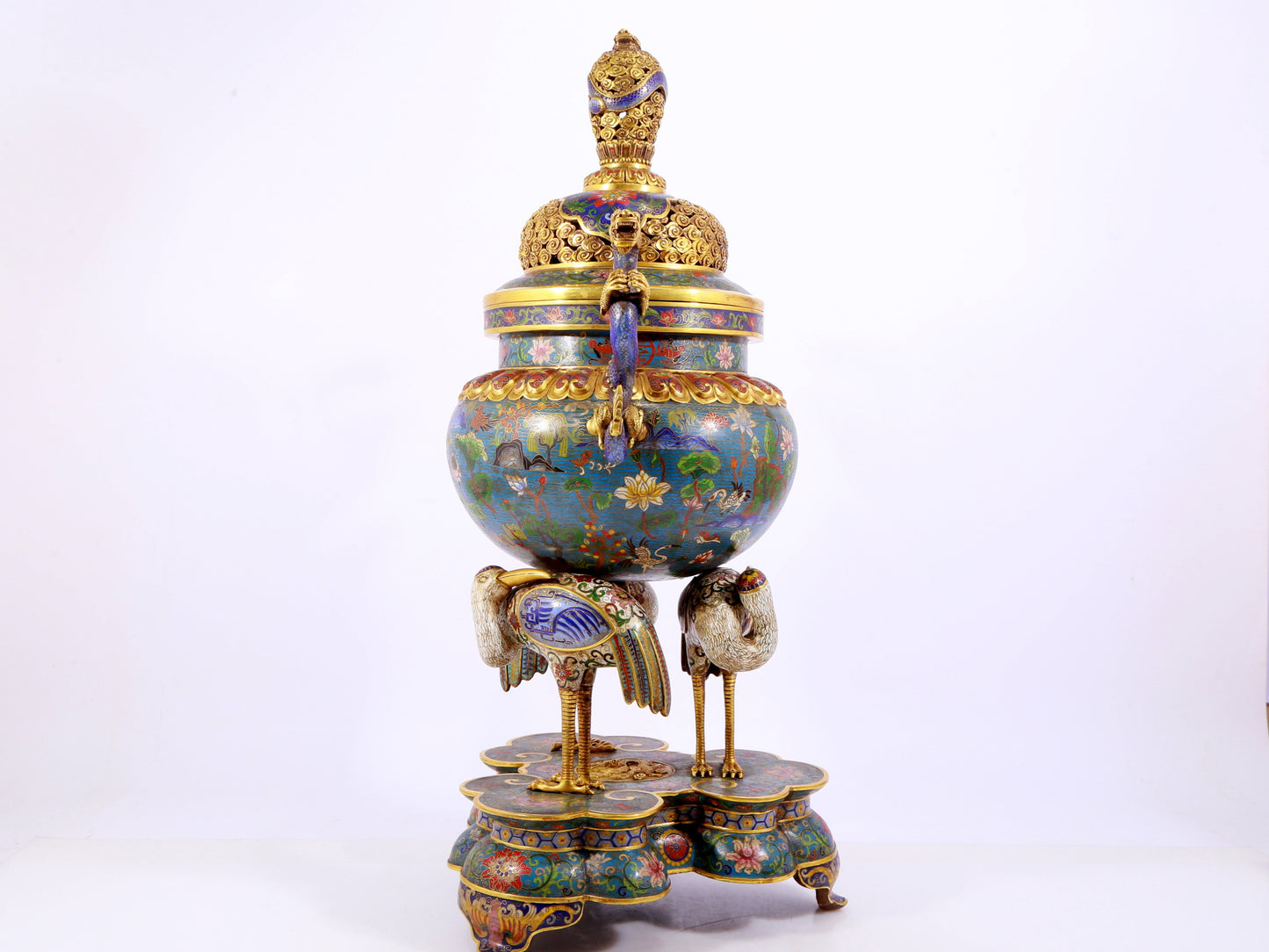 A cloisonné lotus pattern two-eared three-legged incense burner with lid