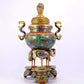 A cloisonné lotus pattern two-eared three-legged incense burner with lid