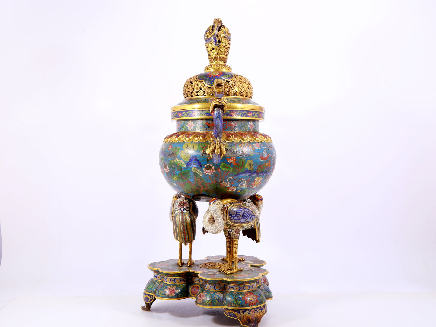 A cloisonné lotus pattern two-eared three-legged incense burner with lid