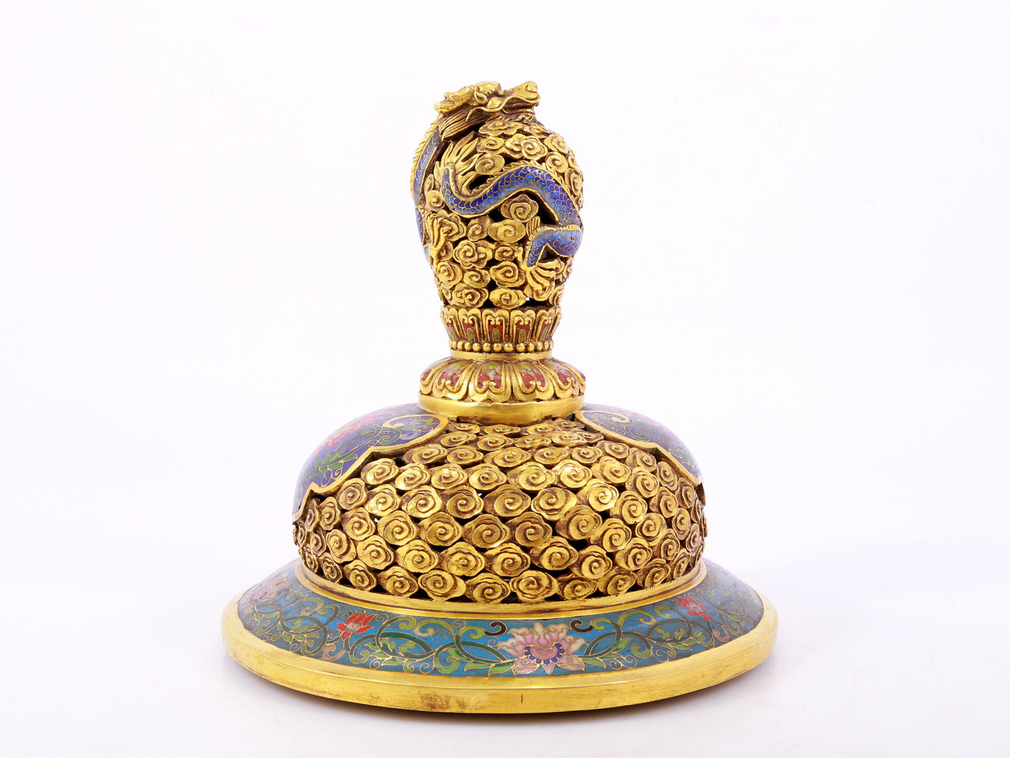 A cloisonné lotus pattern two-eared three-legged incense burner with lid