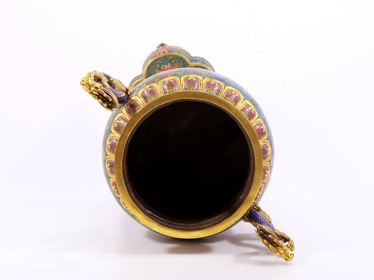 A cloisonné lotus pattern two-eared three-legged incense burner with lid