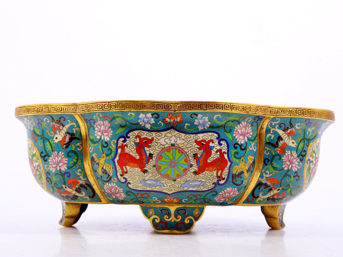 A cloisonné basin with entangled lotus and auspicious animal patterns