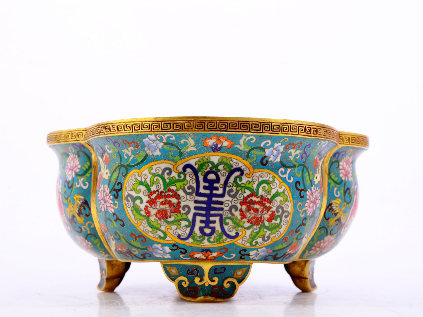 A cloisonné basin with entangled lotus and auspicious animal patterns