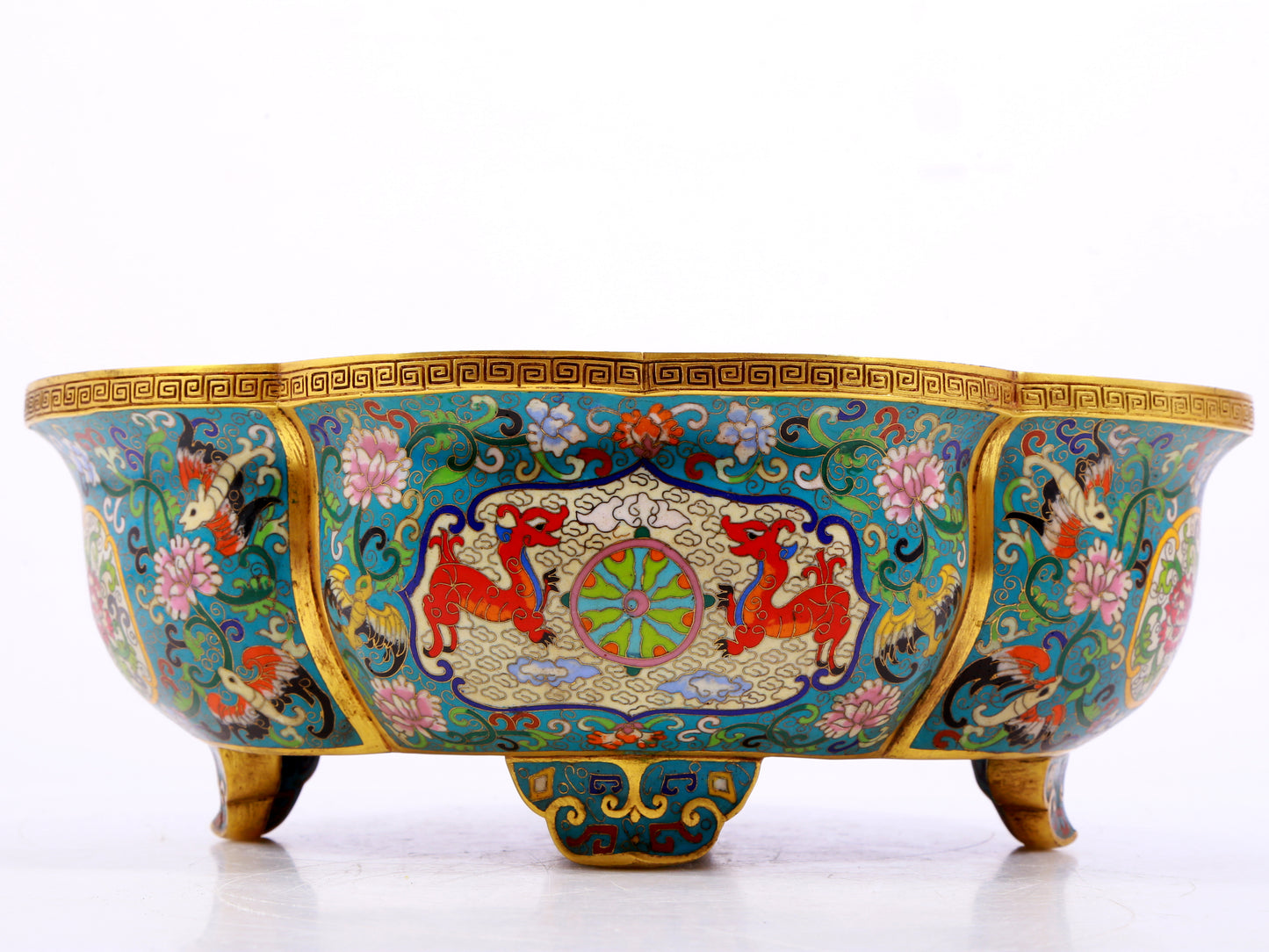 A cloisonné basin with entangled lotus and auspicious animal patterns