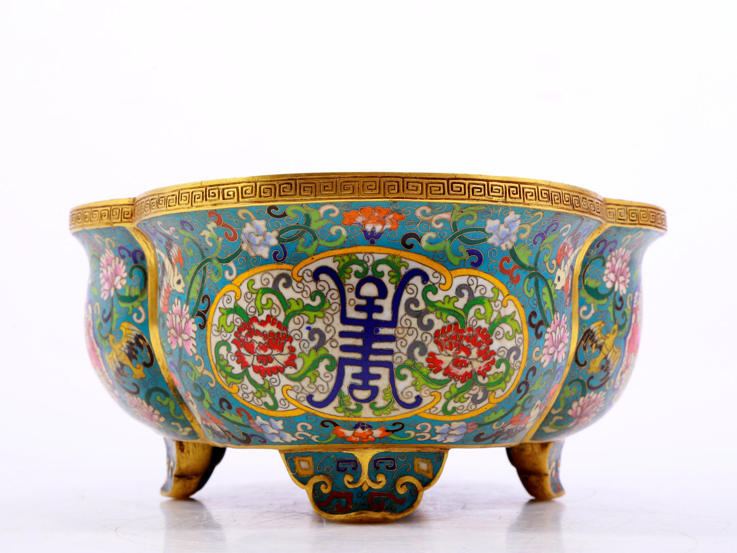 A cloisonné basin with entangled lotus and auspicious animal patterns