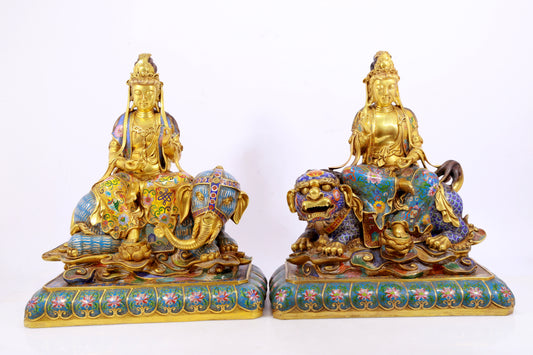 Cloisonné statue of Puxian Bodhisattva and Manjushri Bodhisattva