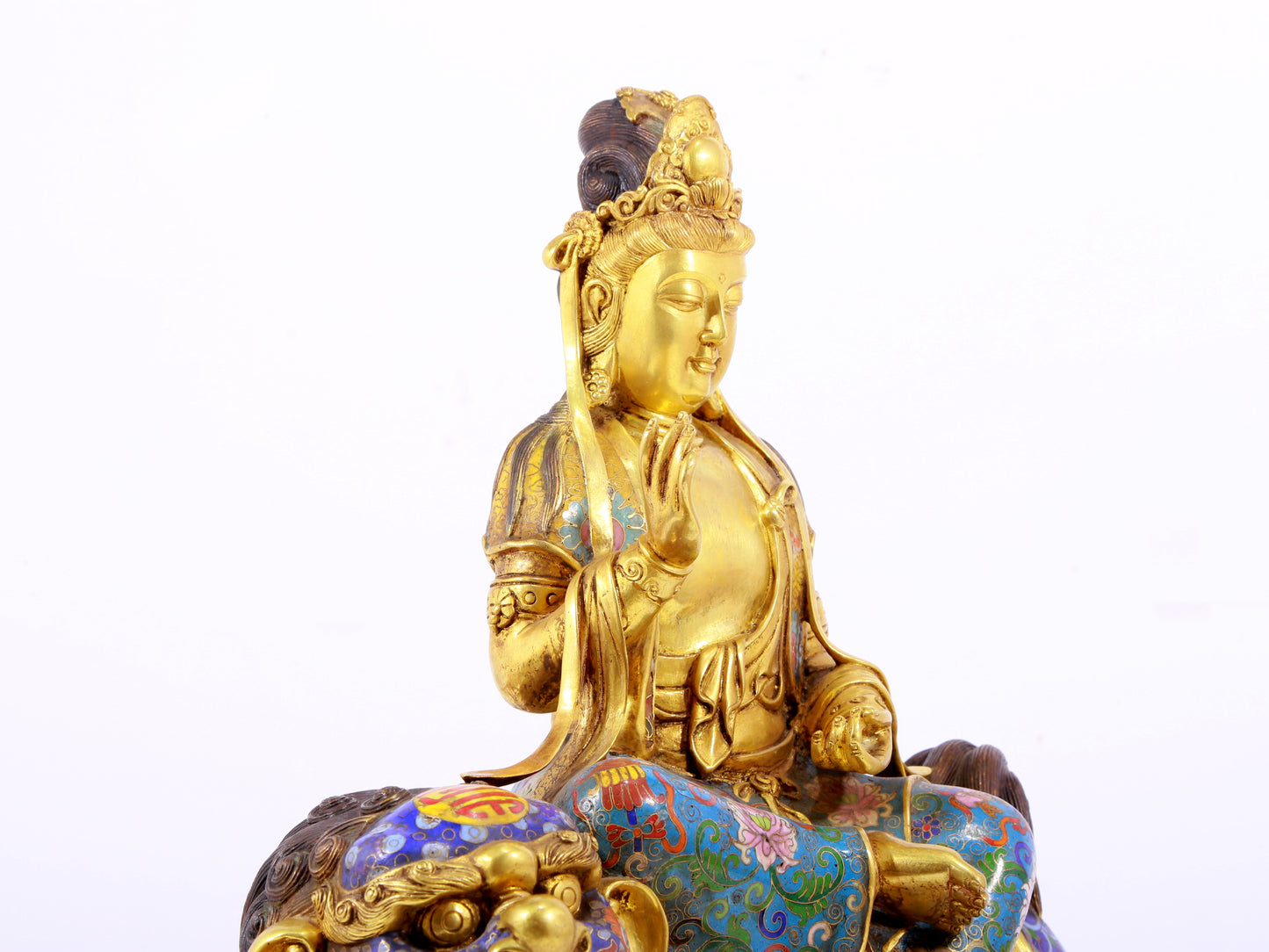 Cloisonné statue of Puxian Bodhisattva and Manjushri Bodhisattva