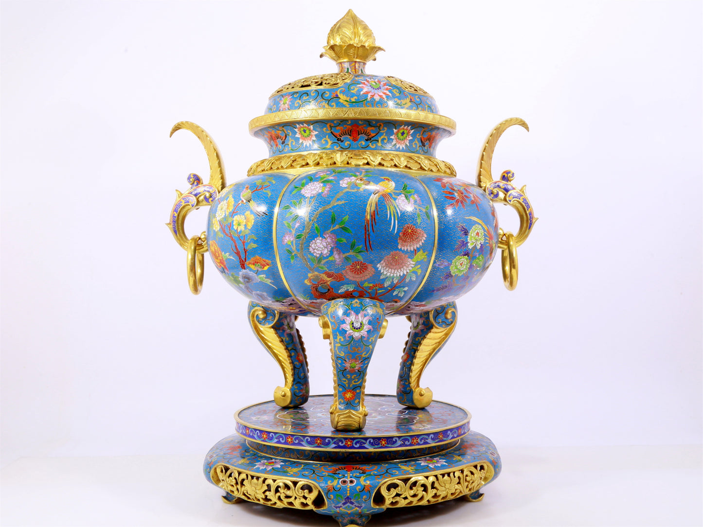 Cloisonné flower and bird pattern double-eared three-legged incense burner with lid