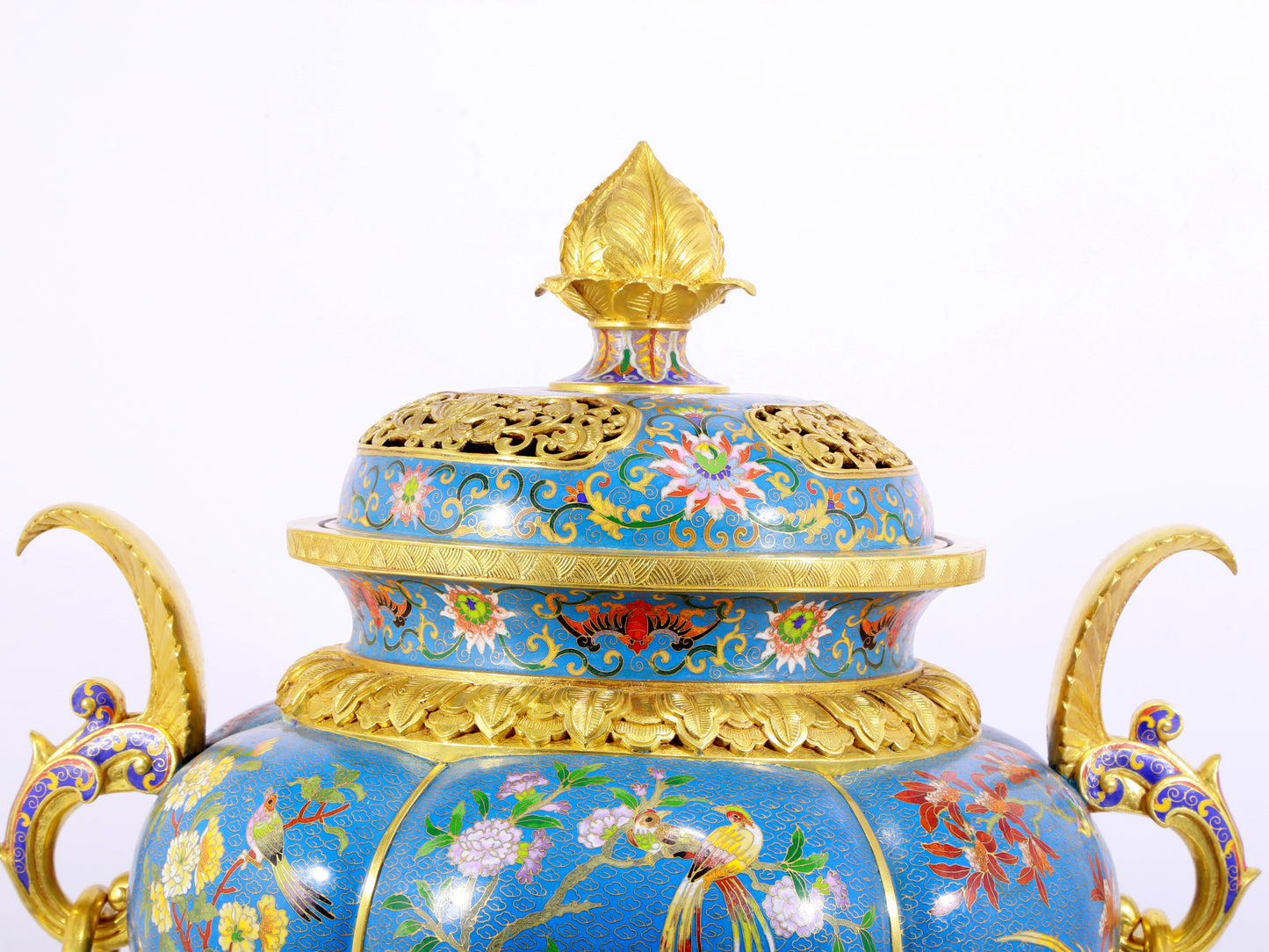 Cloisonné flower and bird pattern double-eared three-legged incense burner with lid