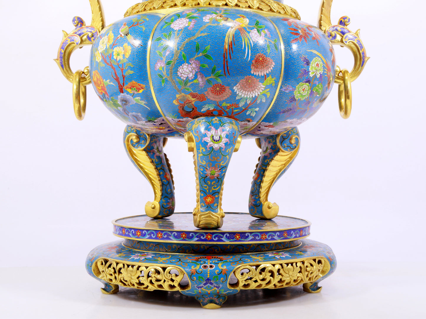 Cloisonné flower and bird pattern double-eared three-legged incense burner with lid