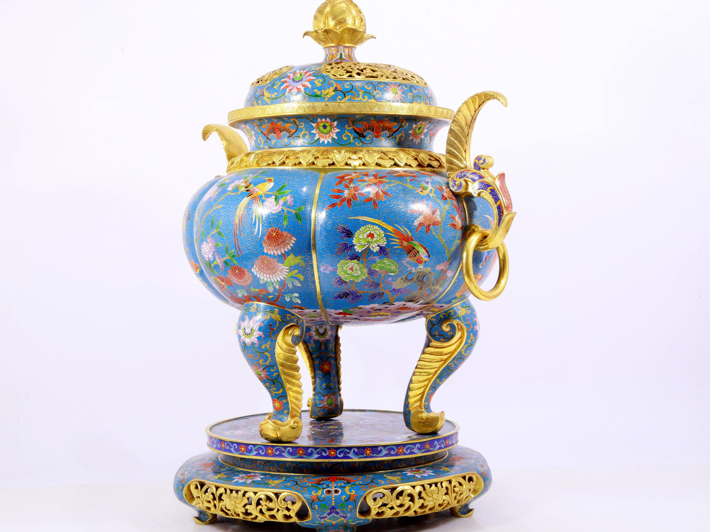 Cloisonné flower and bird pattern double-eared three-legged incense burner with lid