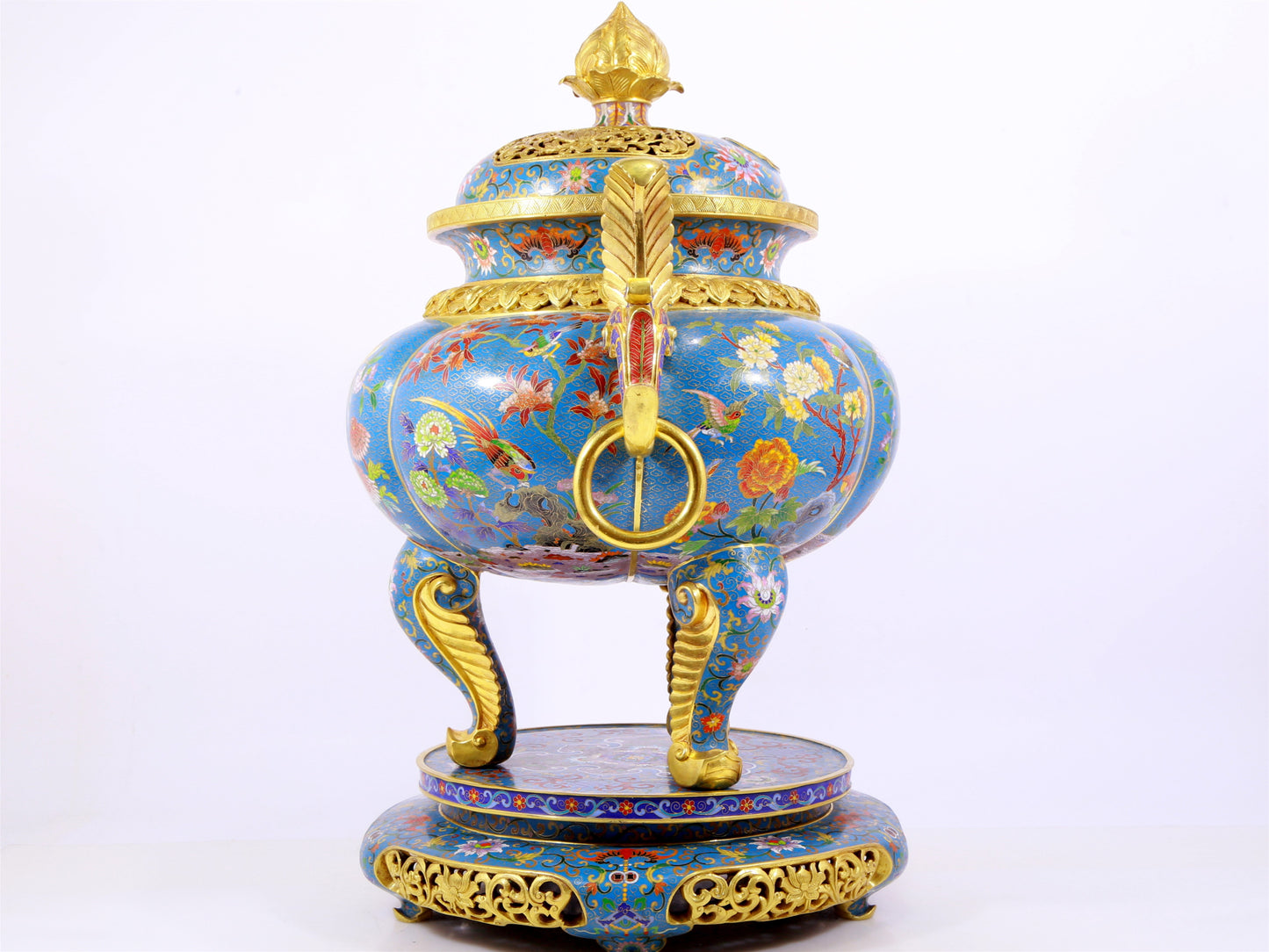 Cloisonné flower and bird pattern double-eared three-legged incense burner with lid