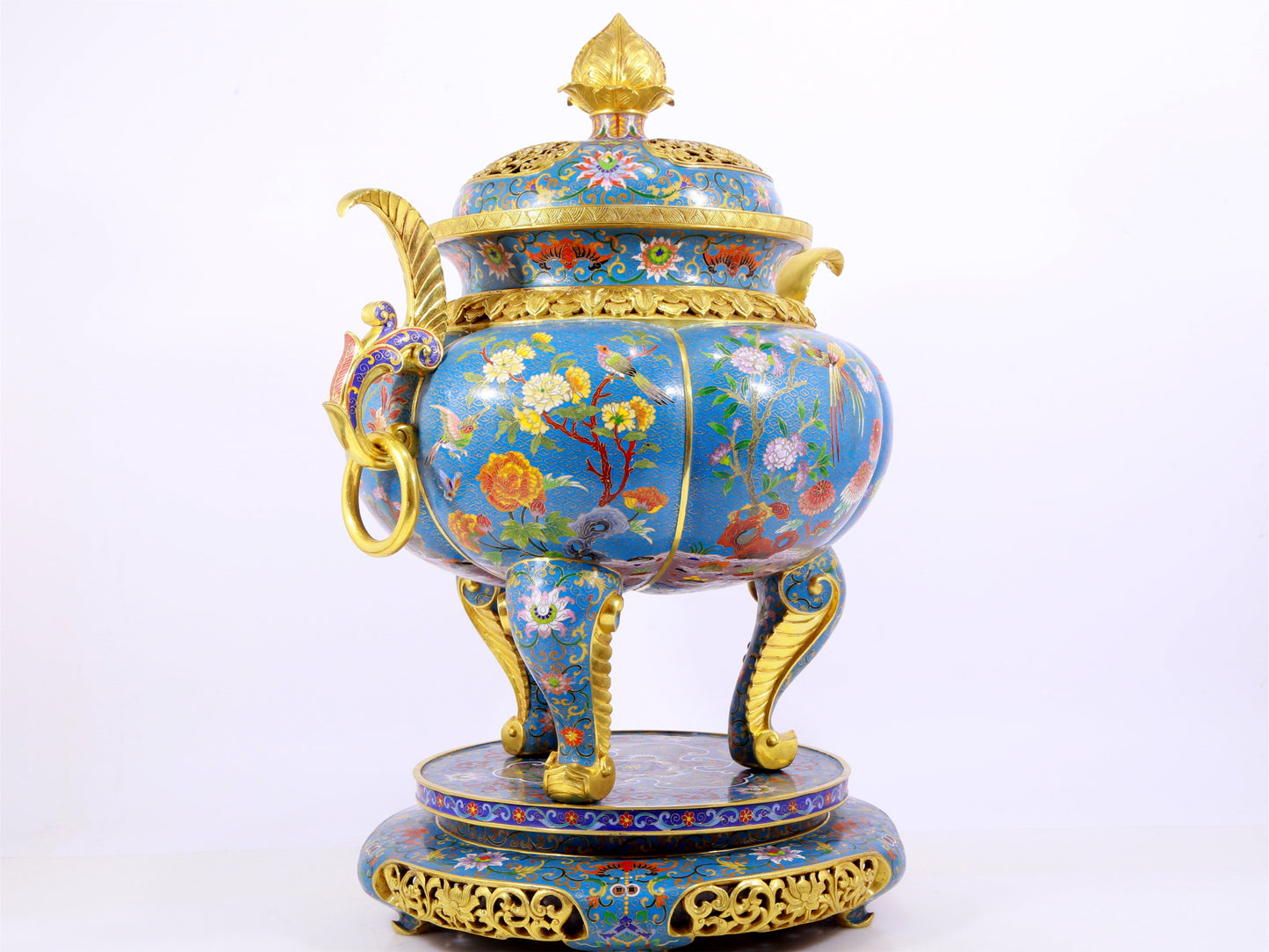 Cloisonné flower and bird pattern double-eared three-legged incense burner with lid