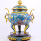 Cloisonné flower and bird pattern double-eared three-legged incense burner with lid