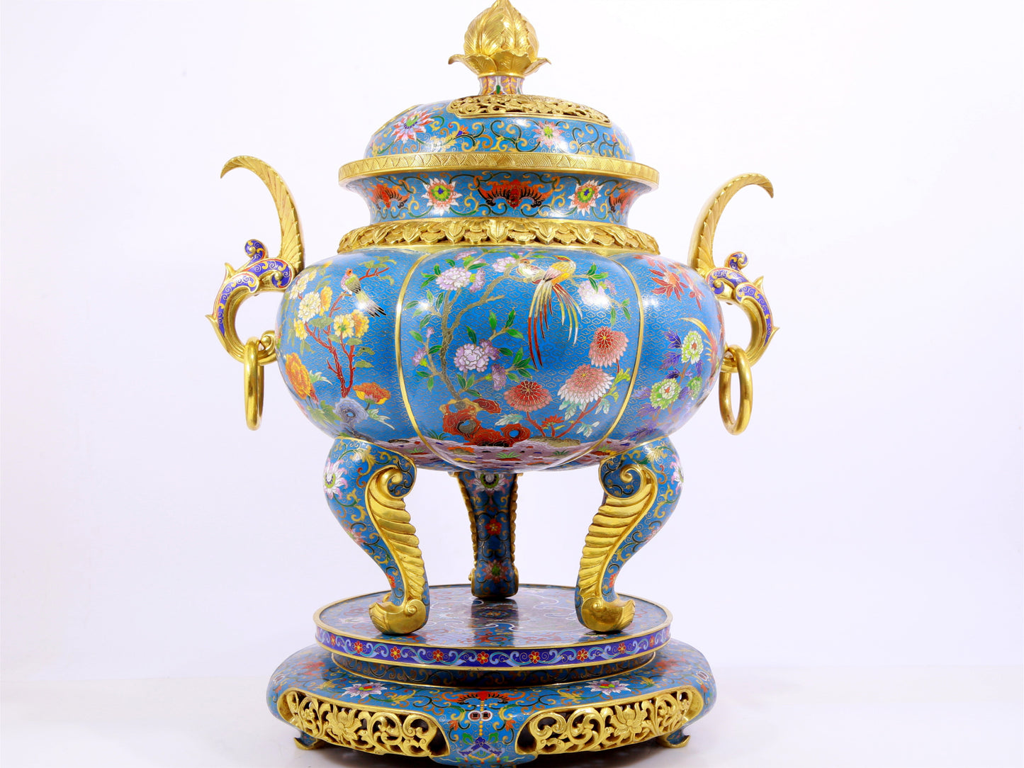 Cloisonné flower and bird pattern double-eared three-legged incense burner with lid