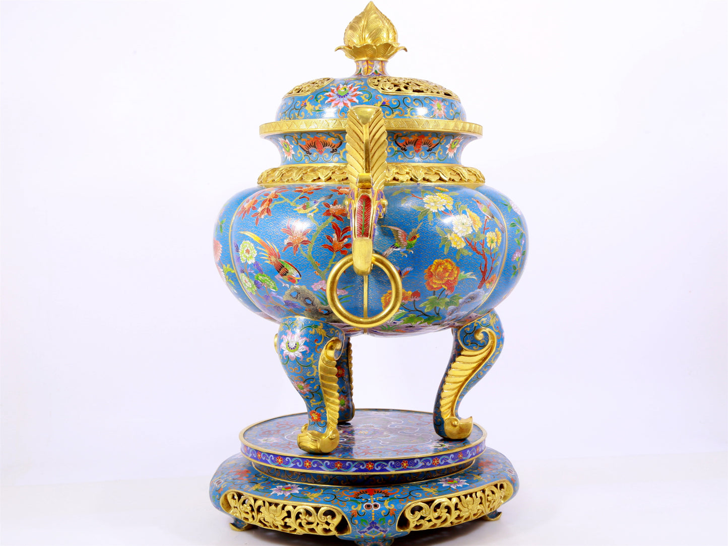 Cloisonné flower and bird pattern double-eared three-legged incense burner with lid